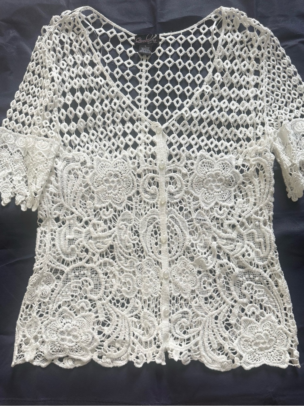 Questions White Crochet Lace Button-Front Top